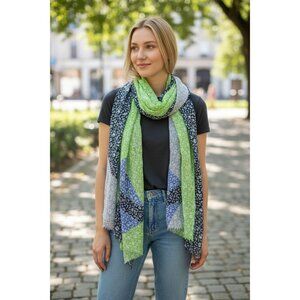 J.Crew Floral Block Print Lightweight Scarf Green/Blue 28" X 78"